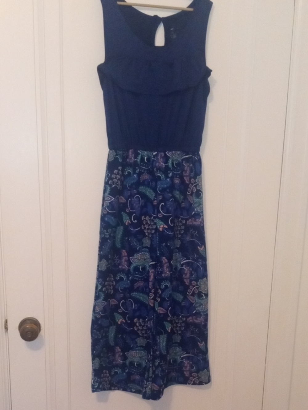 Sleeveless Navy Blue pant romper, paisley print pants girl large